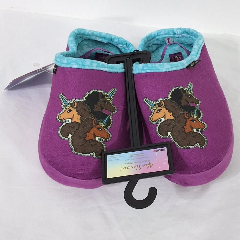 Afro Unicorn Girls Plush Purple Aline Slippers, Size 9/10, New With Tag